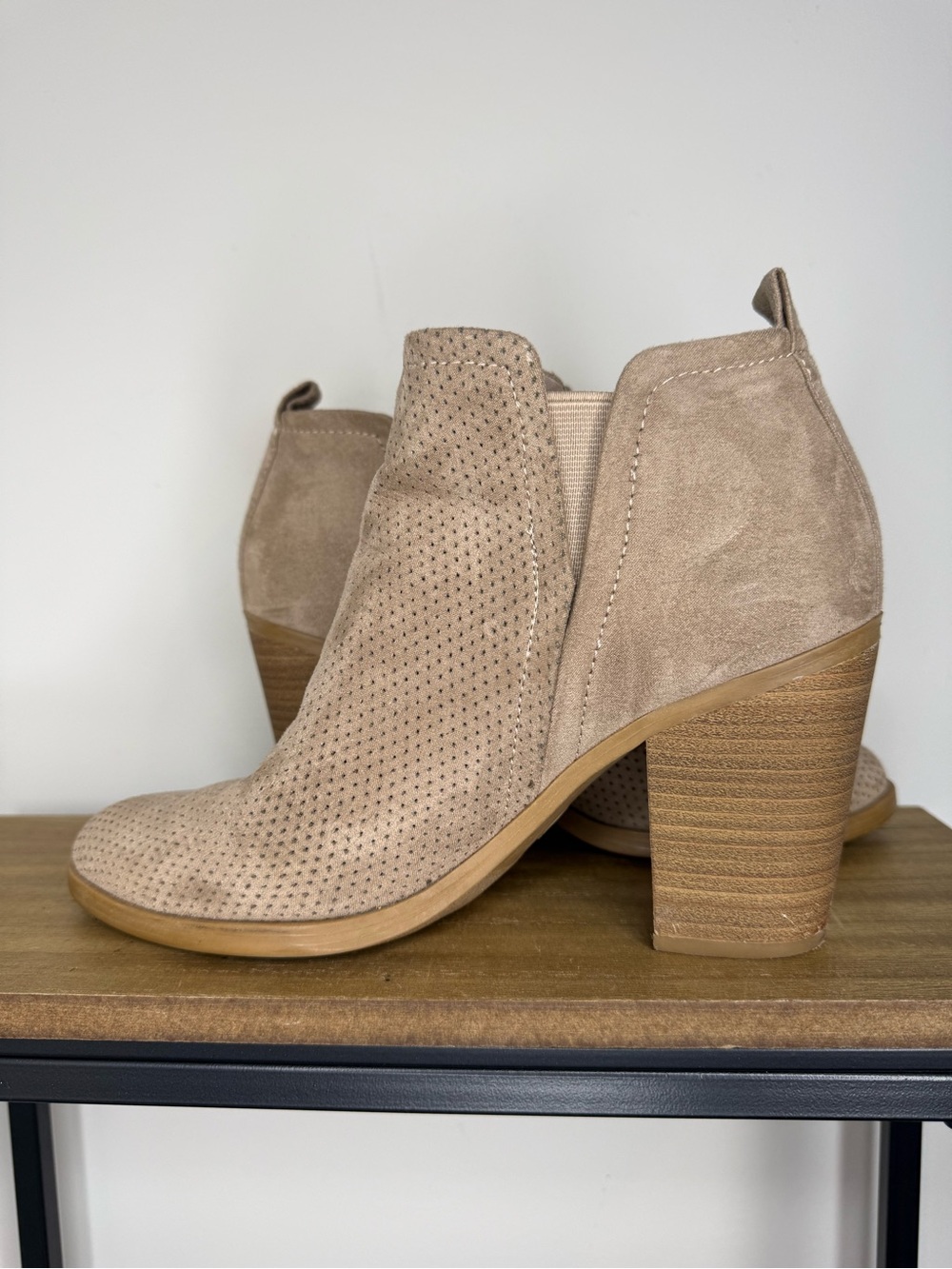 Universal Thread Perforated Taupe Suede Block Heel Booties - Picture 2 of 7